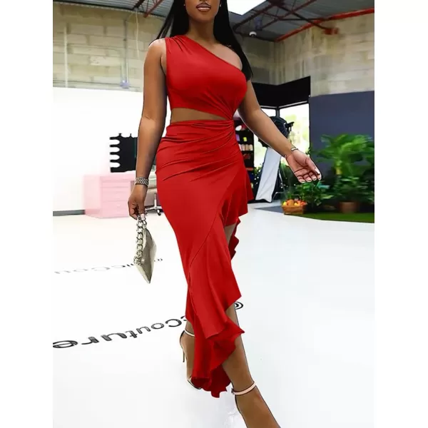 BEAGIMEG Womens Sexy Bodycon One Shoulder Ruffle Assymetrical Cut Out Club Party Cocktail Maxi DressRed