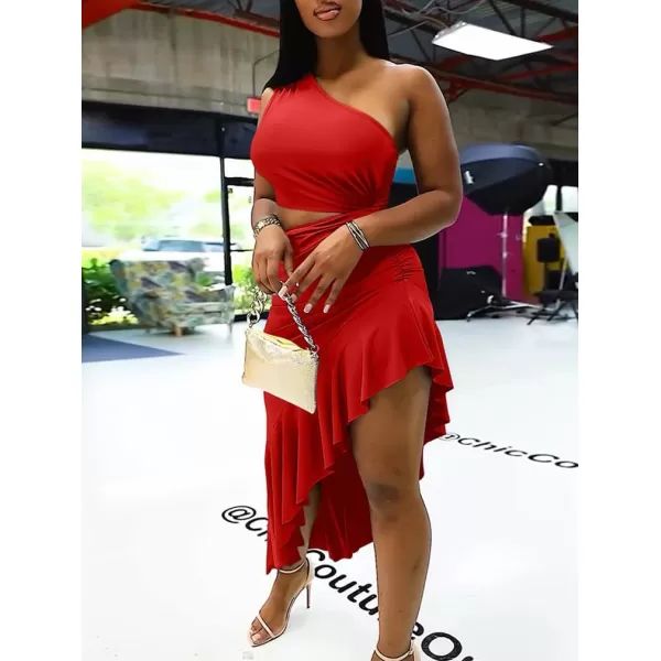 BEAGIMEG Womens Sexy Bodycon One Shoulder Ruffle Assymetrical Cut Out Club Party Cocktail Maxi DressRed