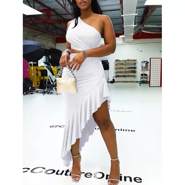 BEAGIMEG Womens Sexy Bodycon One Shoulder Ruffle Assymetrical Cut Out Club Party Cocktail Maxi DressWhite