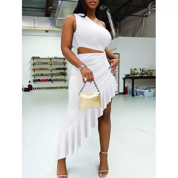 BEAGIMEG Womens Sexy Bodycon One Shoulder Ruffle Assymetrical Cut Out Club Party Cocktail Maxi DressWhite