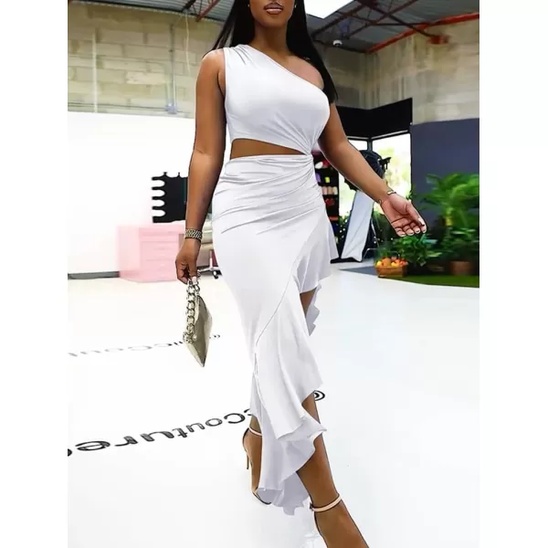 BEAGIMEG Womens Sexy Bodycon One Shoulder Ruffle Assymetrical Cut Out Club Party Cocktail Maxi DressWhite