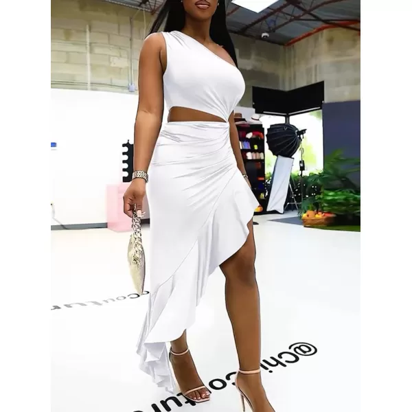 BEAGIMEG Womens Sexy Bodycon One Shoulder Ruffle Assymetrical Cut Out Club Party Cocktail Maxi DressWhite