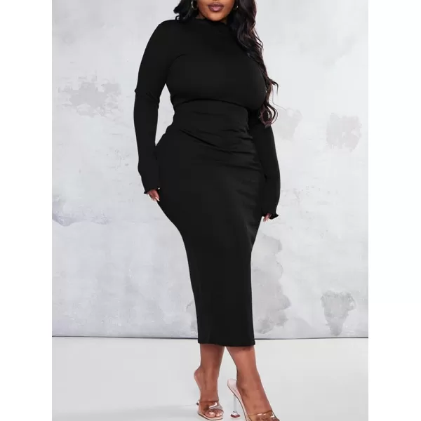 BEAGIMEG Womens Sexy Bodycon Plus Size Long Sleeve Rib Lettuce Hem Club Evening Party Maxi DressBlack