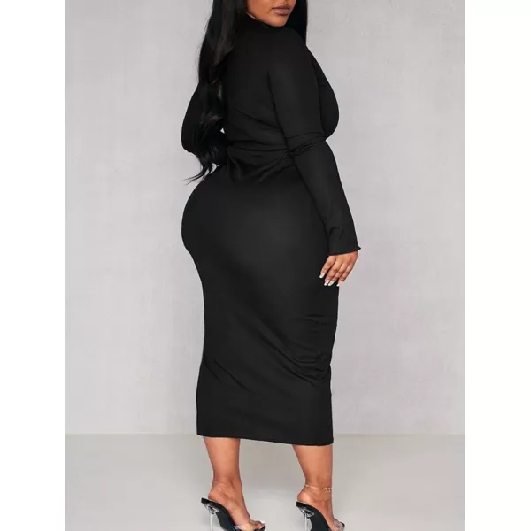 BEAGIMEG Womens Sexy Bodycon Plus Size Long Sleeve Rib Lettuce Hem Club Evening Party Maxi DressBlack