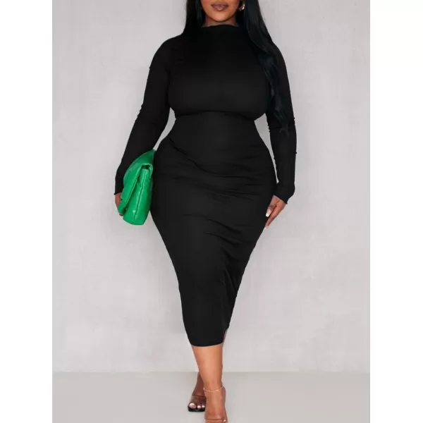 BEAGIMEG Womens Sexy Bodycon Plus Size Long Sleeve Rib Lettuce Hem Club Evening Party Maxi DressBlack
