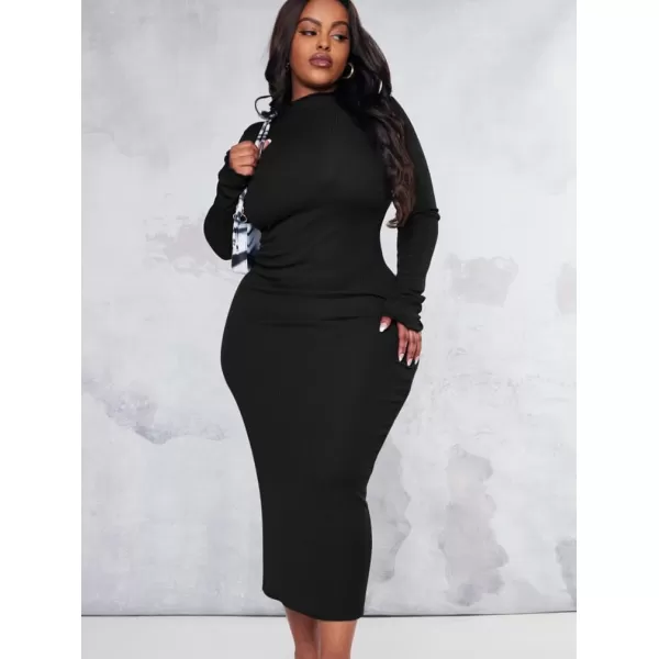 BEAGIMEG Womens Sexy Bodycon Plus Size Long Sleeve Rib Lettuce Hem Club Evening Party Maxi DressBlack