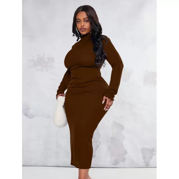 BEAGIMEG Womens Sexy Bodycon Plus Size Long Sleeve Rib Lettuce Hem Club Evening Party Maxi DressBrown