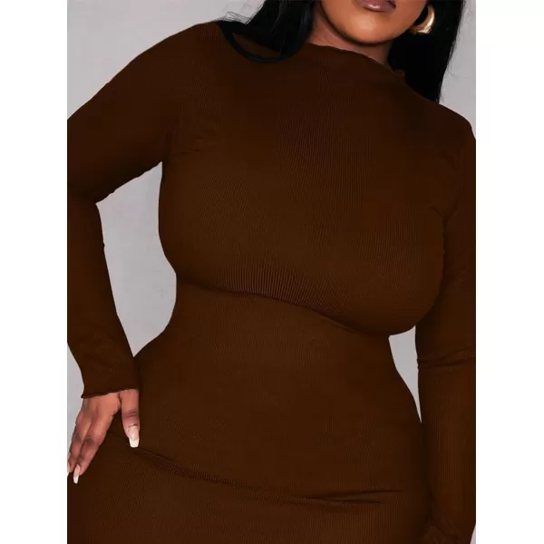 BEAGIMEG Womens Sexy Bodycon Plus Size Long Sleeve Rib Lettuce Hem Club Evening Party Maxi DressBrown