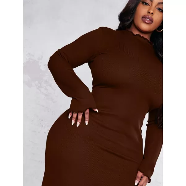 BEAGIMEG Womens Sexy Bodycon Plus Size Long Sleeve Rib Lettuce Hem Club Evening Party Maxi DressBrown