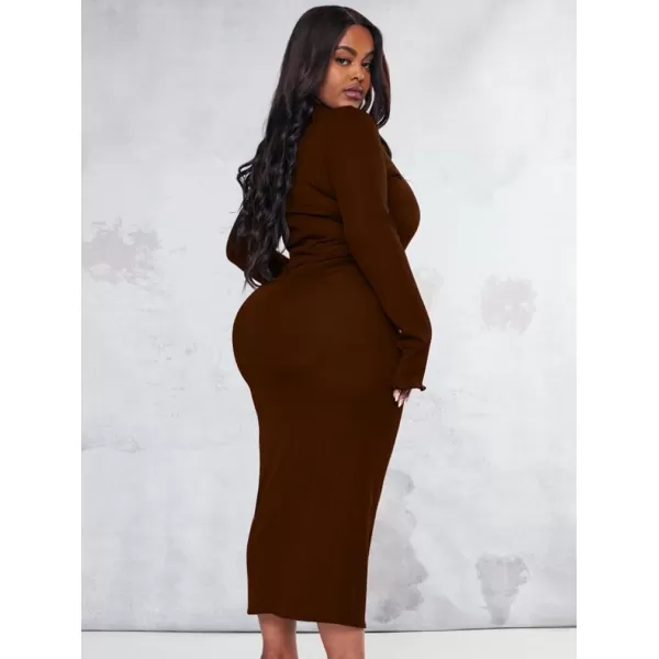BEAGIMEG Womens Sexy Bodycon Plus Size Long Sleeve Rib Lettuce Hem Club Evening Party Maxi DressBrown