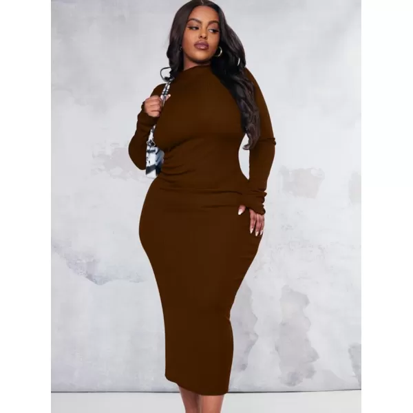 BEAGIMEG Womens Sexy Bodycon Plus Size Long Sleeve Rib Lettuce Hem Club Evening Party Maxi DressBrown