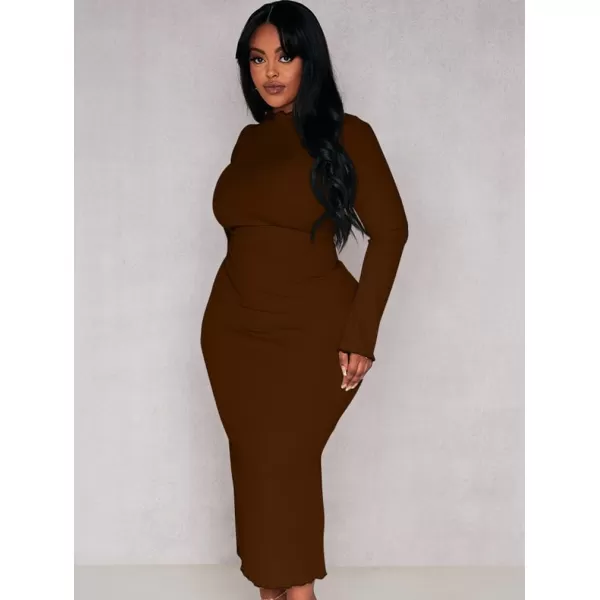BEAGIMEG Womens Sexy Bodycon Plus Size Long Sleeve Rib Lettuce Hem Club Evening Party Maxi DressBrown