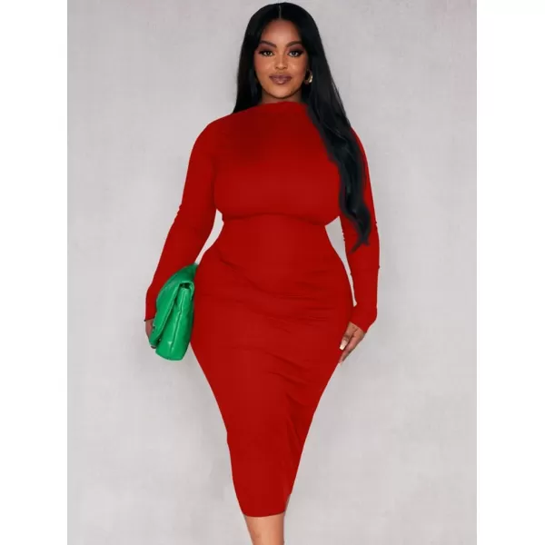 BEAGIMEG Womens Sexy Bodycon Plus Size Long Sleeve Rib Lettuce Hem Club Evening Party Maxi DressRed