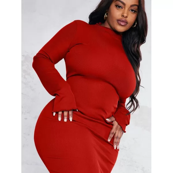 BEAGIMEG Womens Sexy Bodycon Plus Size Long Sleeve Rib Lettuce Hem Club Evening Party Maxi DressRed
