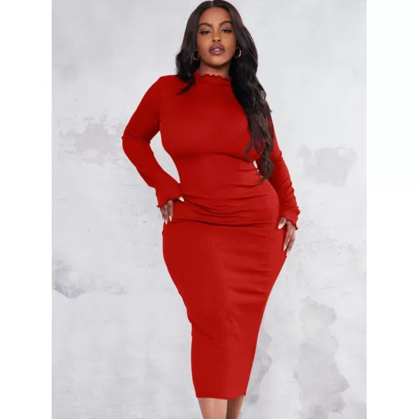 BEAGIMEG Womens Sexy Bodycon Plus Size Long Sleeve Rib Lettuce Hem Club Evening Party Maxi DressRed