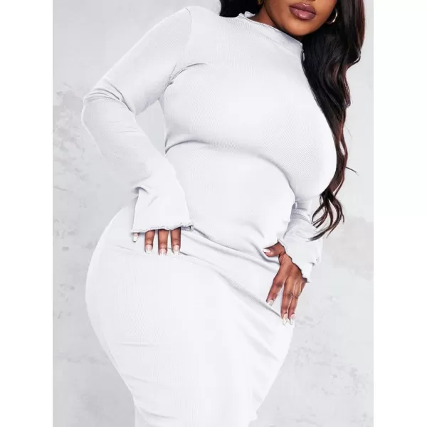 BEAGIMEG Womens Sexy Bodycon Plus Size Long Sleeve Rib Lettuce Hem Club Evening Party Maxi DressWhite