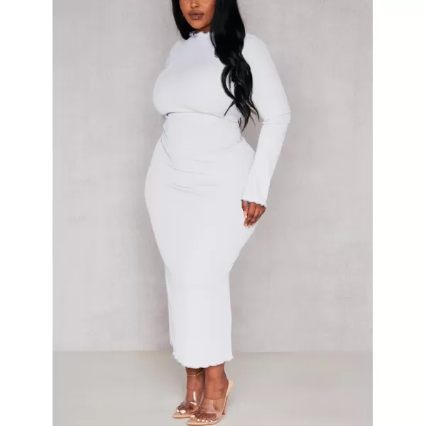 BEAGIMEG Womens Sexy Bodycon Plus Size Long Sleeve Rib Lettuce Hem Club Evening Party Maxi DressWhite