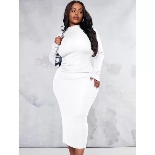 BEAGIMEG Womens Sexy Bodycon Plus Size Long Sleeve Rib Lettuce Hem Club Evening Party Maxi DressWhite