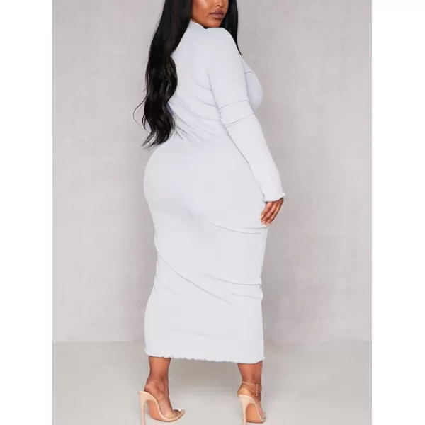 BEAGIMEG Womens Sexy Bodycon Plus Size Long Sleeve Rib Lettuce Hem Club Evening Party Maxi DressWhite
