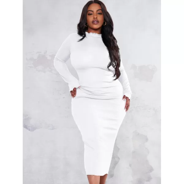 BEAGIMEG Womens Sexy Bodycon Plus Size Long Sleeve Rib Lettuce Hem Club Evening Party Maxi DressWhite
