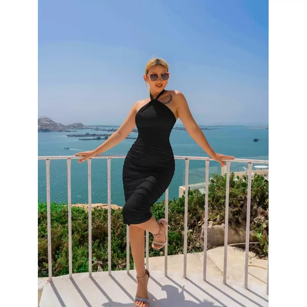 BEAGIMEG Womens Sexy Bodycon Sleeveless Backless Ruched Halter Neck Party Club Cocktail Midi dressBlack