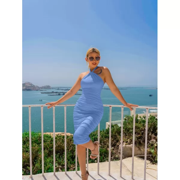 BEAGIMEG Womens Sexy Bodycon Sleeveless Backless Ruched Halter Neck Party Club Cocktail Midi dressLightblue