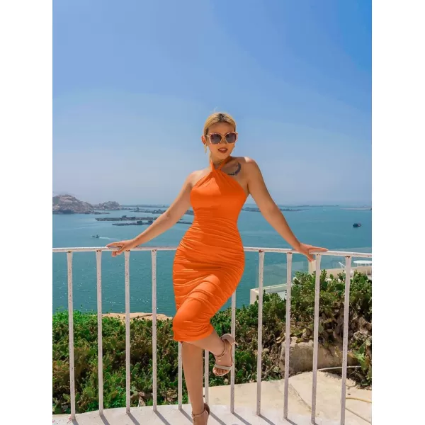BEAGIMEG Womens Sexy Bodycon Sleeveless Backless Ruched Halter Neck Party Club Cocktail Midi dressOrange