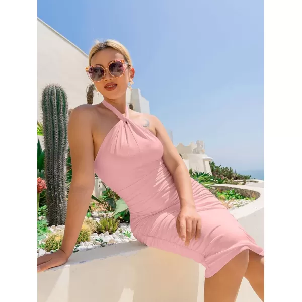 BEAGIMEG Womens Sexy Bodycon Sleeveless Backless Ruched Halter Neck Party Club Cocktail Midi dressPink