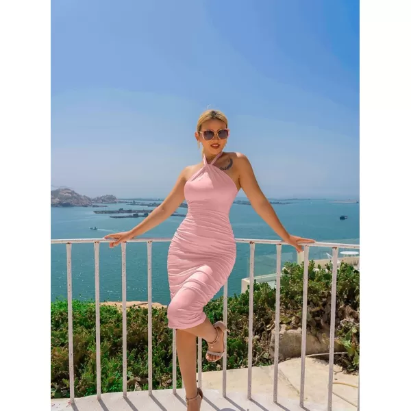 BEAGIMEG Womens Sexy Bodycon Sleeveless Backless Ruched Halter Neck Party Club Cocktail Midi dressPink