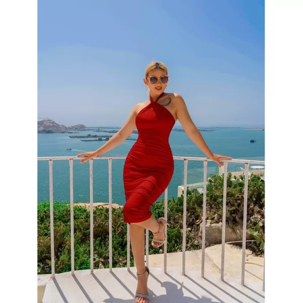BEAGIMEG Womens Sexy Bodycon Sleeveless Backless Ruched Halter Neck Party Club Cocktail Midi dressRed