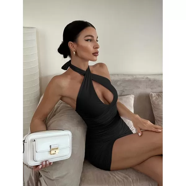 BEAGIMEG Womens Sexy Bodycon Sleeveless Criss Cross Ruched Halter Mini Dress Party Club DressBlack