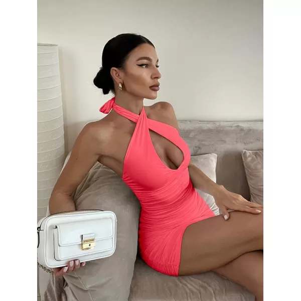 BEAGIMEG Womens Sexy Bodycon Sleeveless Criss Cross Ruched Halter Mini Dress Party Club DressFluopink