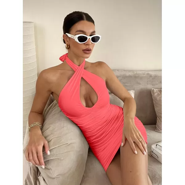 BEAGIMEG Womens Sexy Bodycon Sleeveless Criss Cross Ruched Halter Mini Dress Party Club DressFluopink