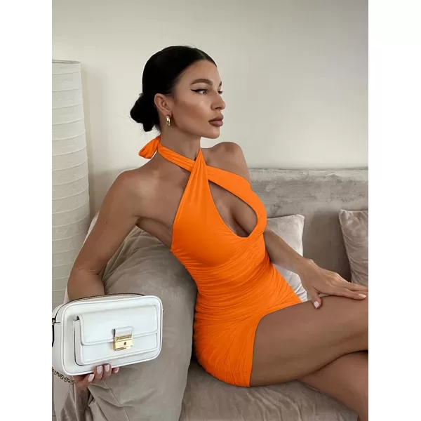 BEAGIMEG Womens Sexy Bodycon Sleeveless Criss Cross Ruched Halter Mini Dress Party Club DressOrange