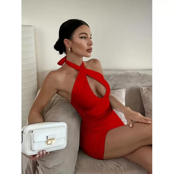 BEAGIMEG Womens Sexy Bodycon Sleeveless Criss Cross Ruched Halter Mini Dress Party Club DressRed