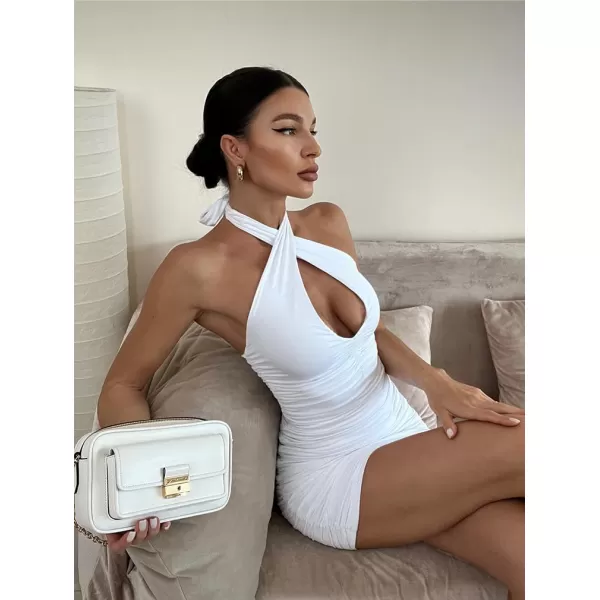 BEAGIMEG Womens Sexy Bodycon Sleeveless Criss Cross Ruched Halter Mini Dress Party Club DressWhite