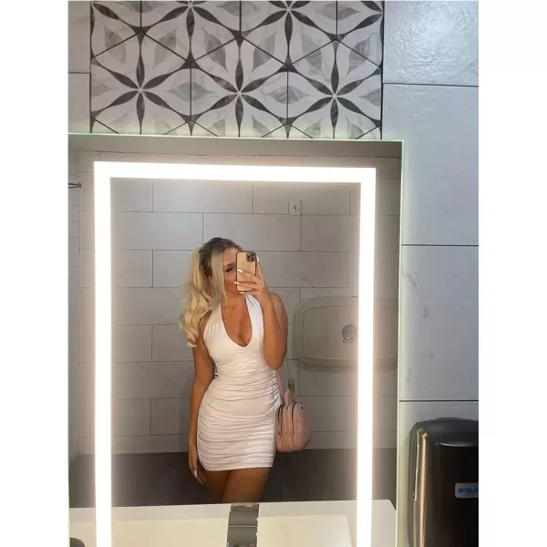 BEAGIMEG Womens Sexy Bodycon Sleeveless Criss Cross Ruched Halter Mini Dress Party Club DressWhite