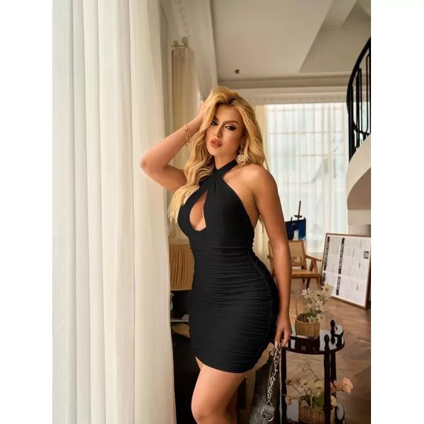 BEAGIMEG Womens Sexy Bodycon Sleeveless Criss Cross Ruched Halter Mini Party Club DressBlack