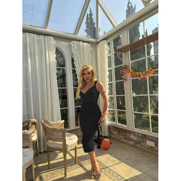 BEAGIMEG Womens Sexy Bodycon Sleeveless Ruched Mesh Club Party Midi DressBlack