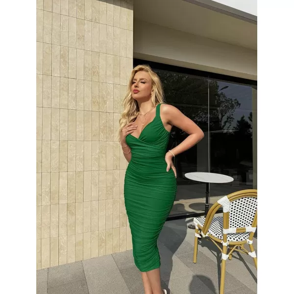 BEAGIMEG Womens Sexy Bodycon Sleeveless Ruched Mesh Club Party Midi DressDarkgreen