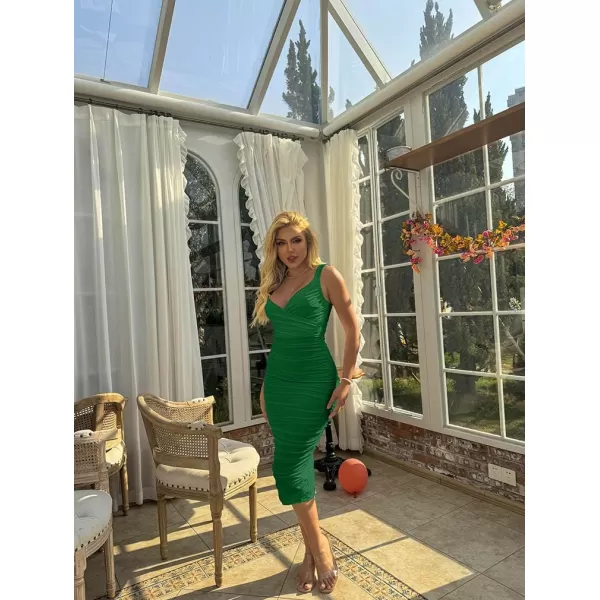 BEAGIMEG Womens Sexy Bodycon Sleeveless Ruched Mesh Club Party Midi DressDarkgreen