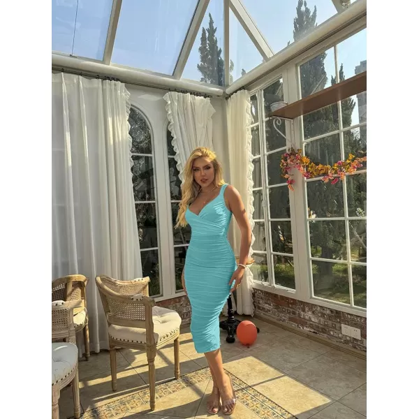 BEAGIMEG Womens Sexy Bodycon Sleeveless Ruched Mesh Club Party Midi DressLakeblue