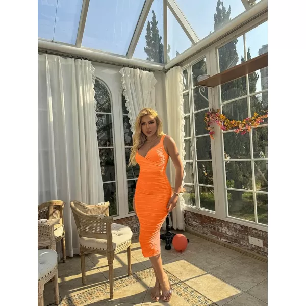 BEAGIMEG Womens Sexy Bodycon Sleeveless Ruched Mesh Club Party Midi DressOrange