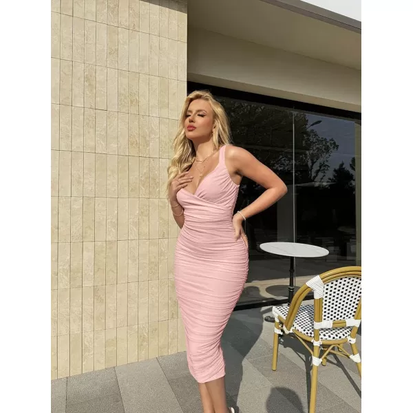 BEAGIMEG Womens Sexy Bodycon Sleeveless Ruched Mesh Club Party Midi DressPink