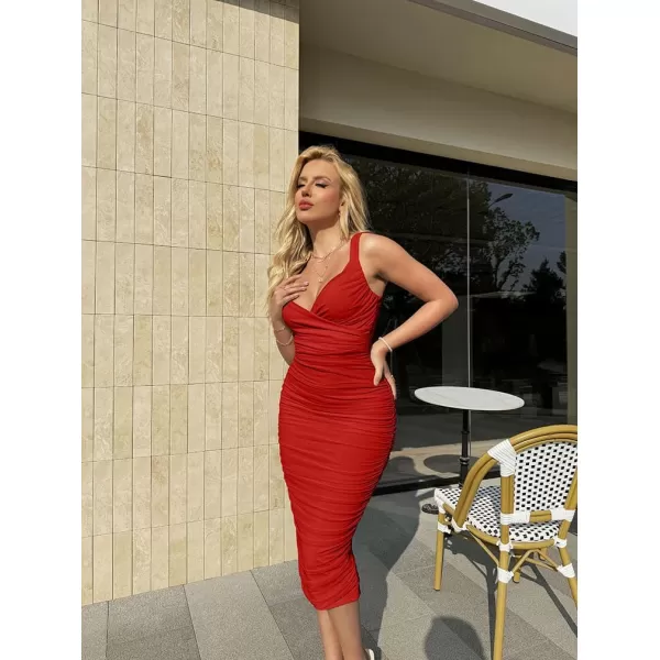 BEAGIMEG Womens Sexy Bodycon Sleeveless Ruched Mesh Club Party Midi DressRed