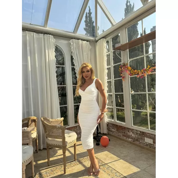 BEAGIMEG Womens Sexy Bodycon Sleeveless Ruched Mesh Club Party Midi DressWhite