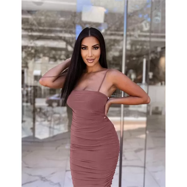 BEAGIMEG Womens Sexy Bodycon Sleeveless Spaghetti Strap Ruched Club Party Cocktail Midi DressDarkpink