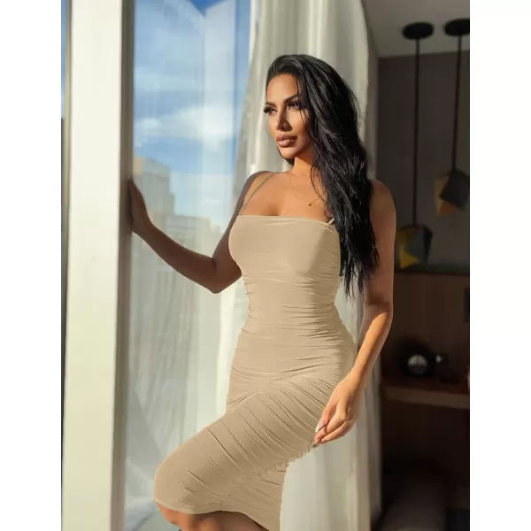 BEAGIMEG Womens Sexy Bodycon Sleeveless Spaghetti Strap Ruched Club Party Cocktail Midi DressKhaki