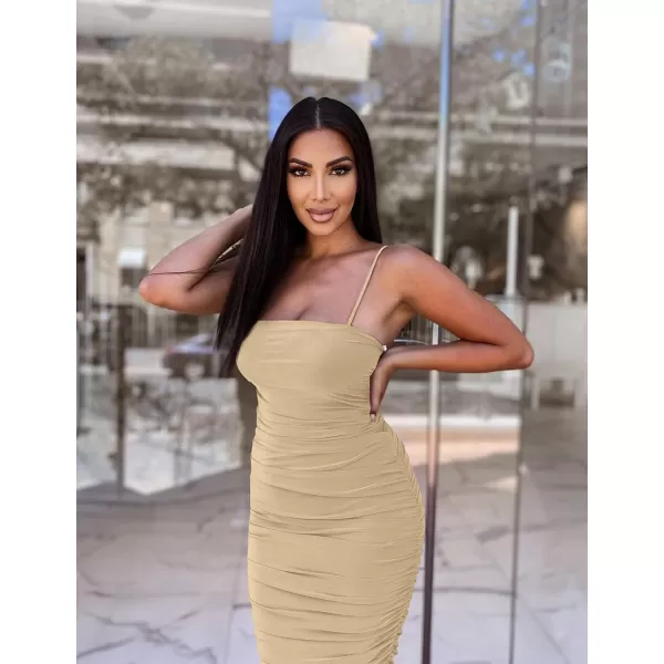 BEAGIMEG Womens Sexy Bodycon Sleeveless Spaghetti Strap Ruched Club Party Cocktail Midi DressKhaki