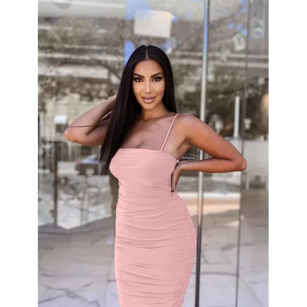 BEAGIMEG Womens Sexy Bodycon Sleeveless Spaghetti Strap Ruched Club Party Cocktail Midi DressPink